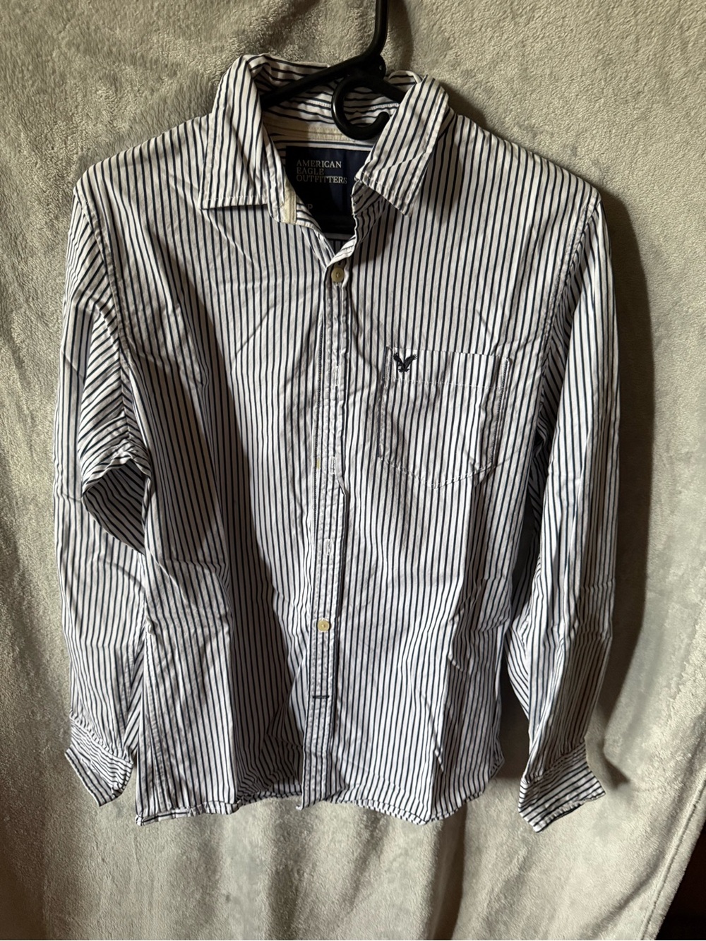 American Eagle Outfitters Men’s White Shirt with Blue Pinstripes